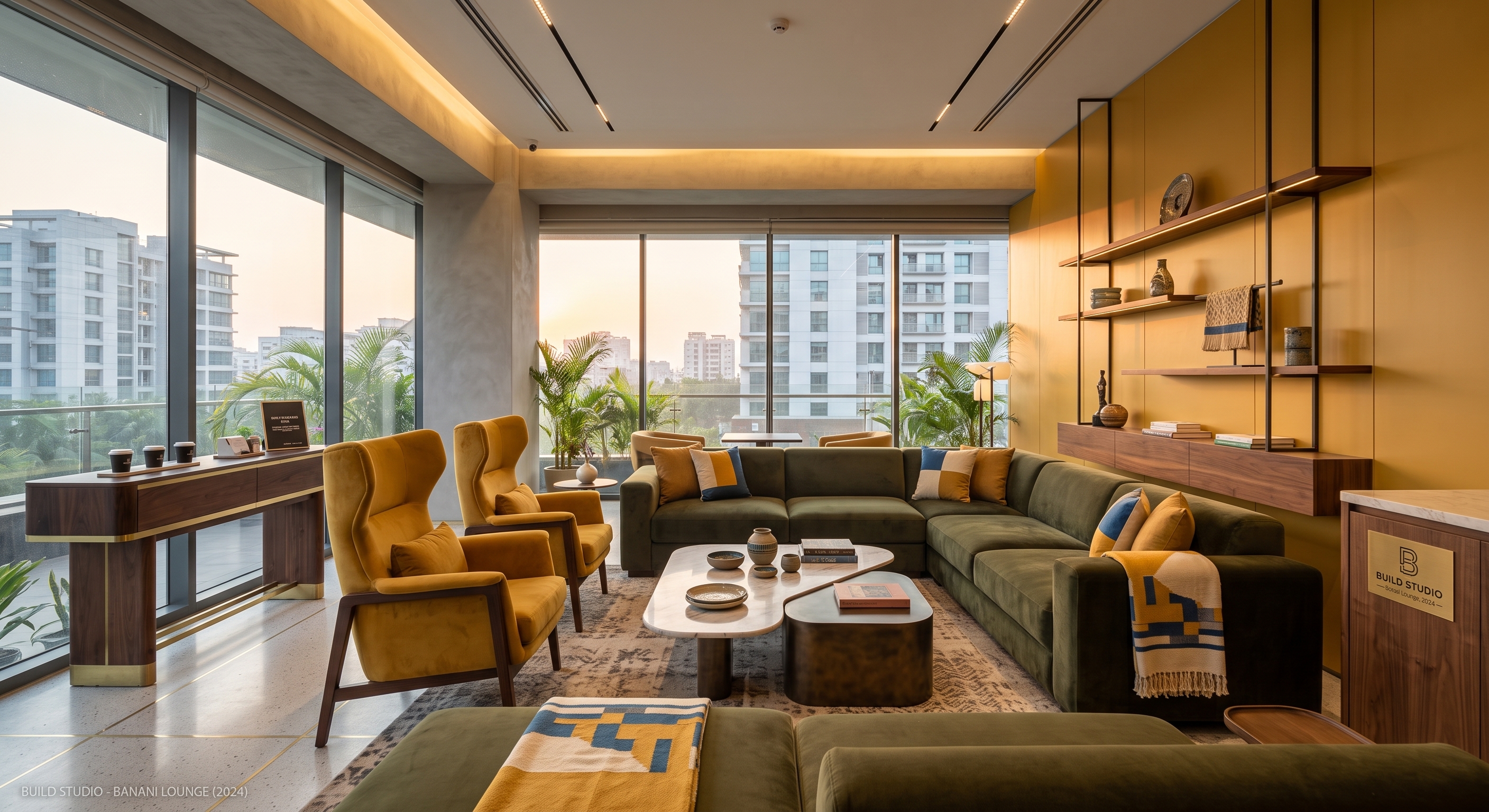 Lounge with sofa and glass coffee table